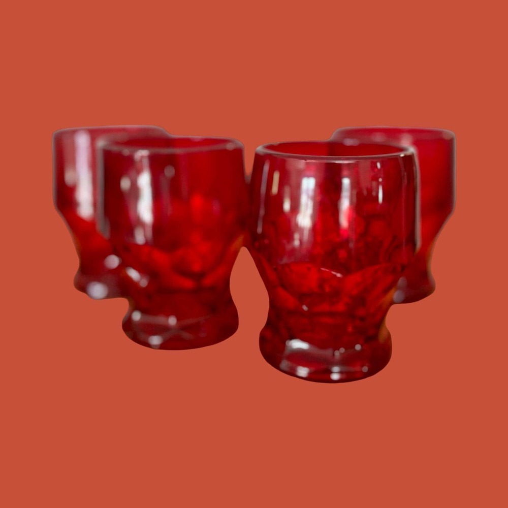 Vintage Ruby Red Georgian-Style Honeycomb Glass Tumblers Set of 4